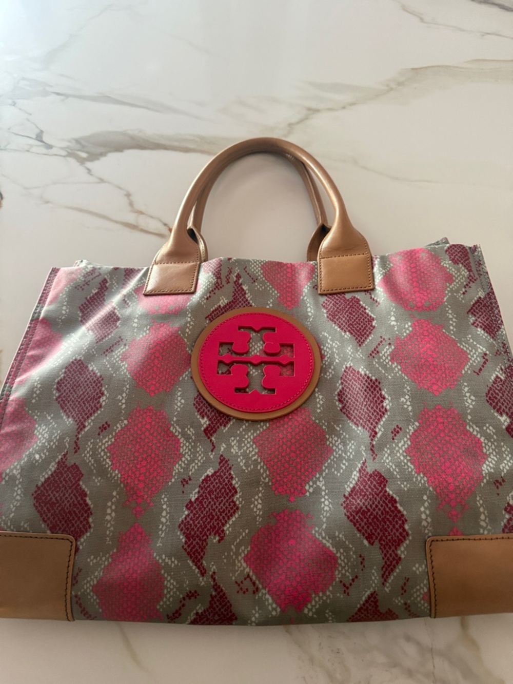 Tory Burch Pink and Gray Snake-Print Large Tote with Tan Leather Handles